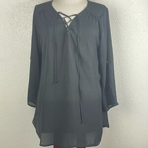 EUC Rue21 Womens Sheer Black 3/4 Sleeve Top with Lace up V-Neck Size L